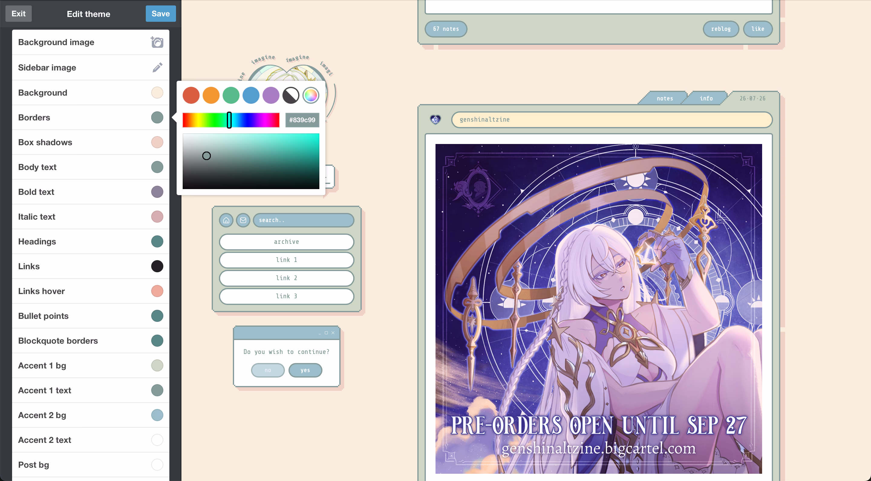 Screenshot of editing theme variables on Tumblr. Some are buttons for uploading images, while others are circles displaying a specific color. One of these is being edited, showing a box with a color picker. The variable editing is in a sidebar, and the rest of the screen shows a preview of what the blog will look like with these variables set. It's showing a post about pre-orders for genshinaltzine, a Genshin Impact alternate designs zine, which are open until September 27.